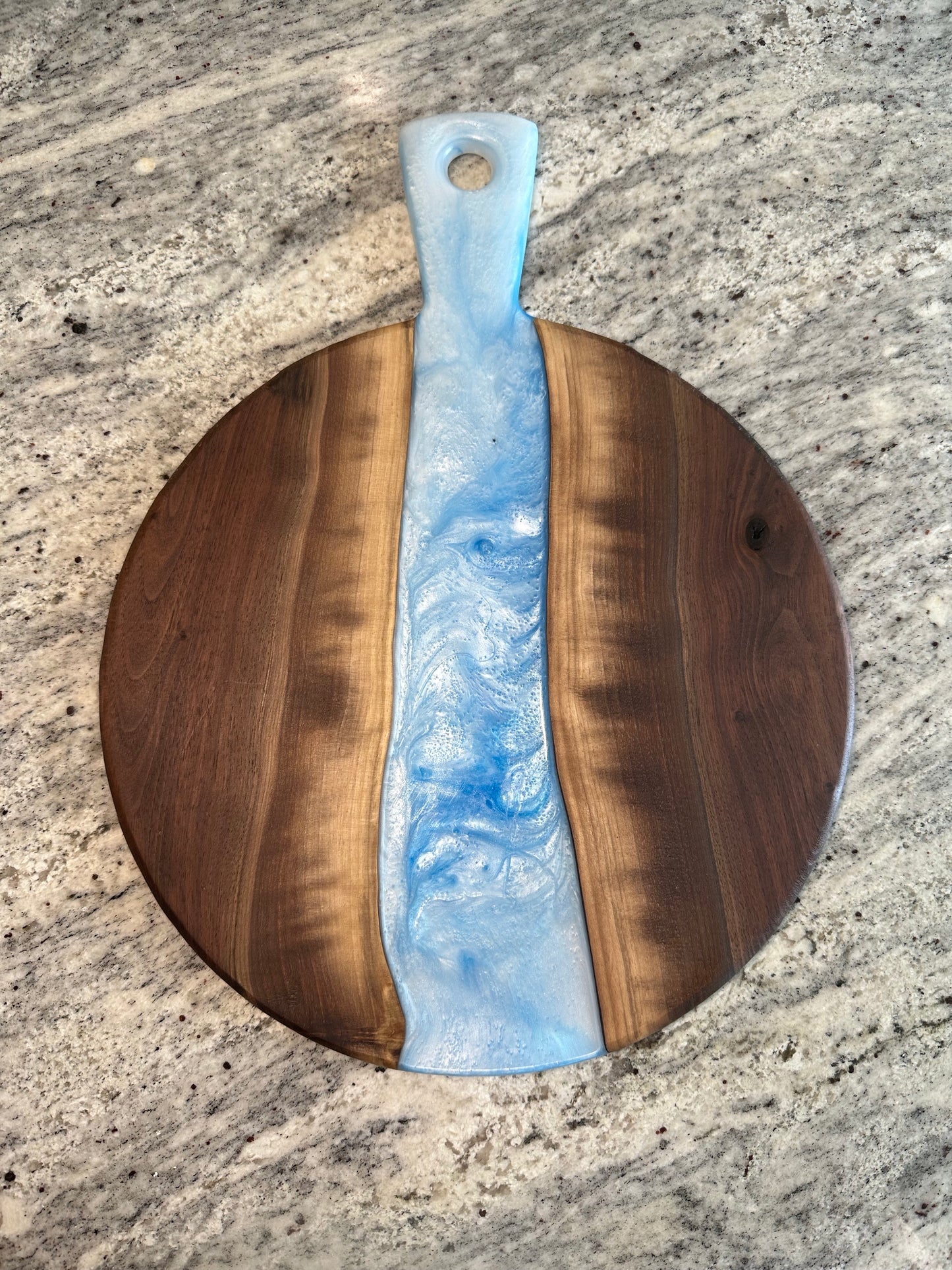 Live edge black walnut and white river epoxy display board - 12”