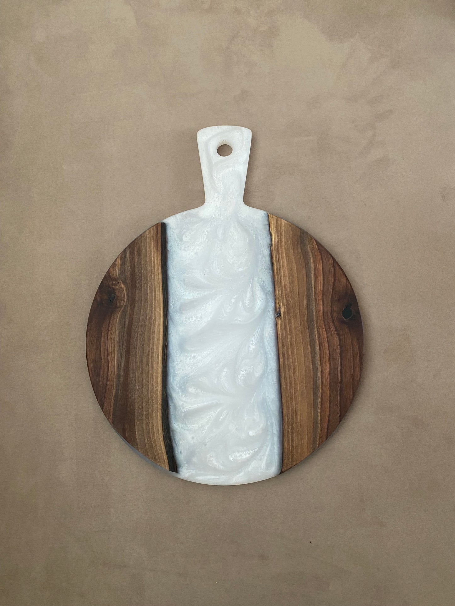 Live edge black walnut and white river epoxy display board - 12”