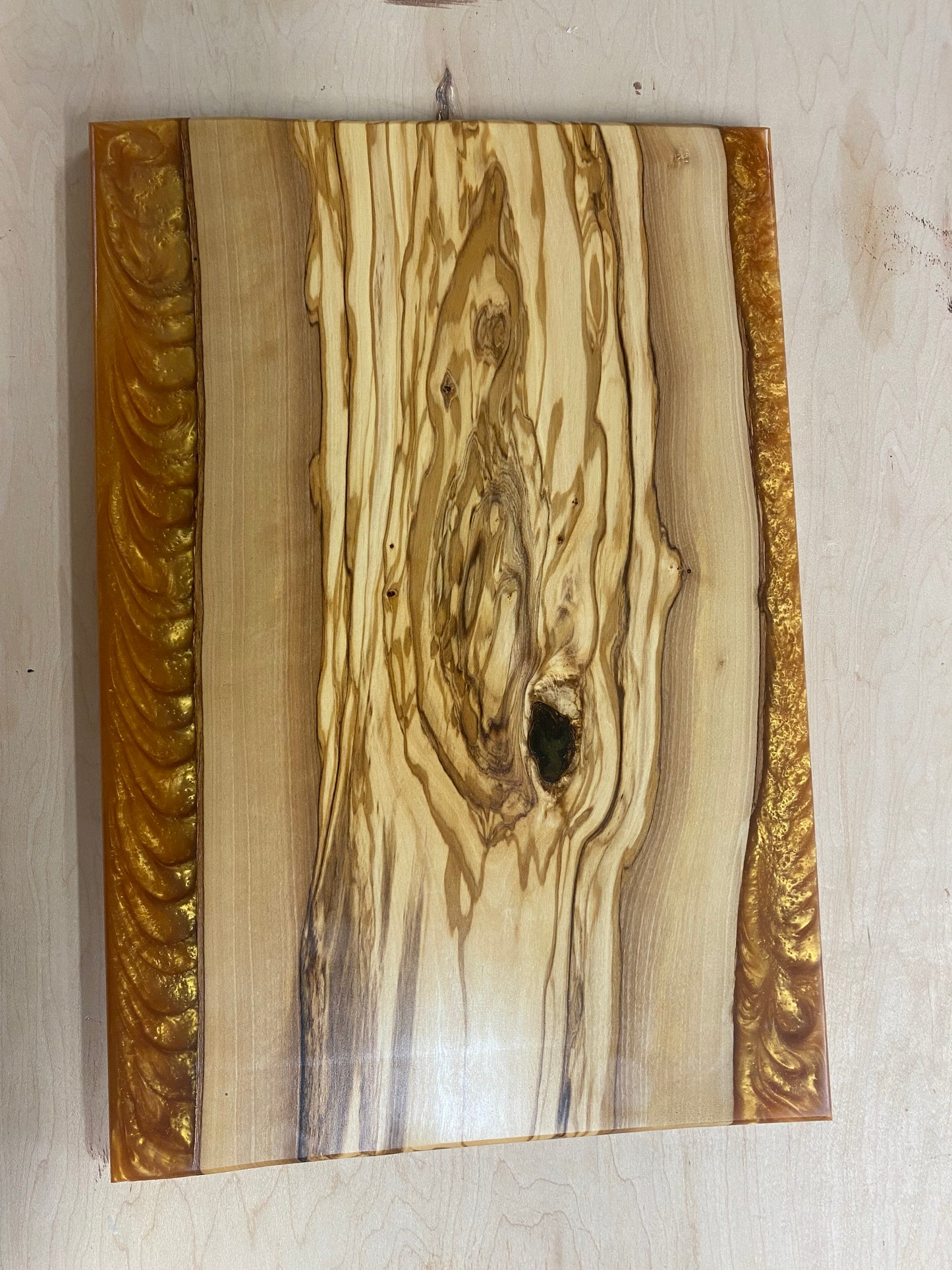 Live edge olive wood and gold river epoxy charcuterie/cutting/a board - 12”X18”
