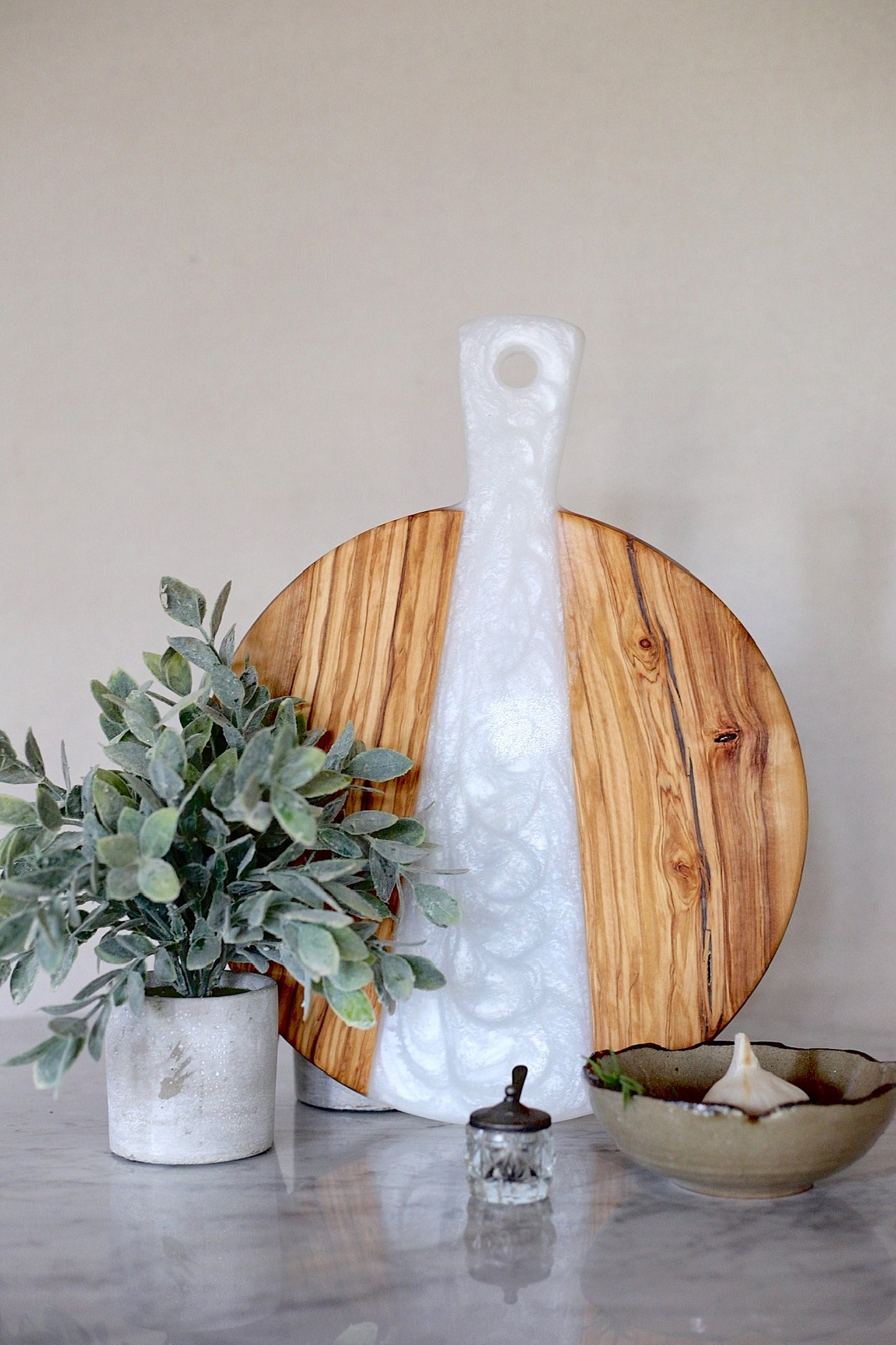 Olive wood and white river epoxy display board - 12”