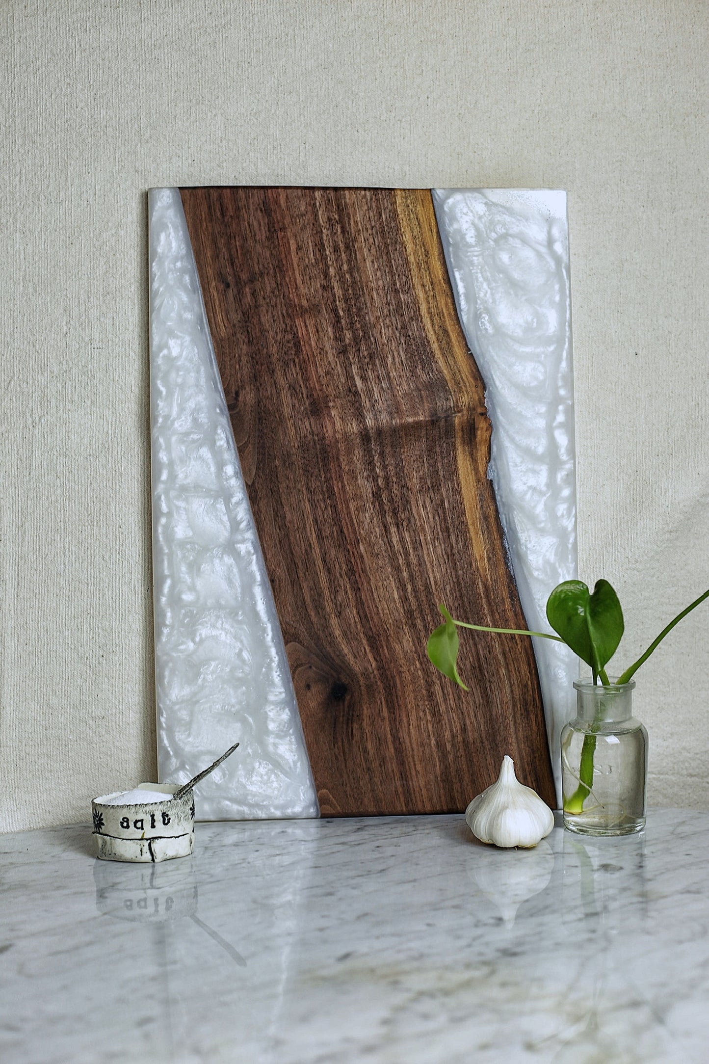 Live edge black walnut and white river epoxy cutting/display board - 12”X18”