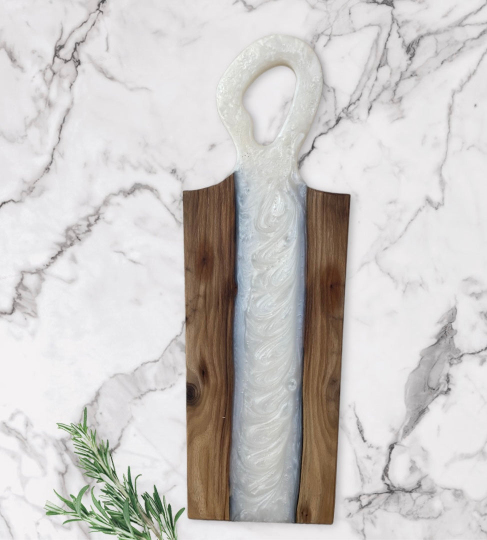 Live edge black walnut and crystal white river epoxy charcuterie/display board 10”X24”3/4”
