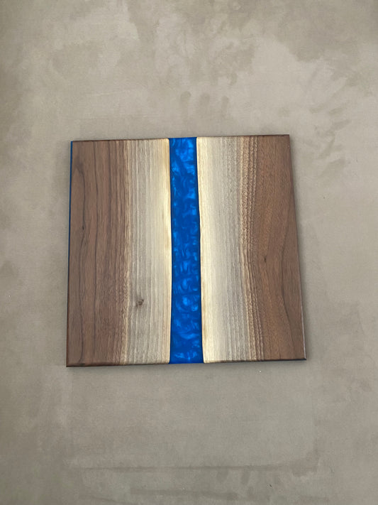 Live edge black walnut and blue river epoxy charcuterie/display board - 12”X12”