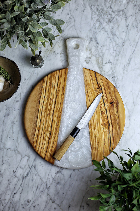 Olive wood and white river epoxy display board - 12”